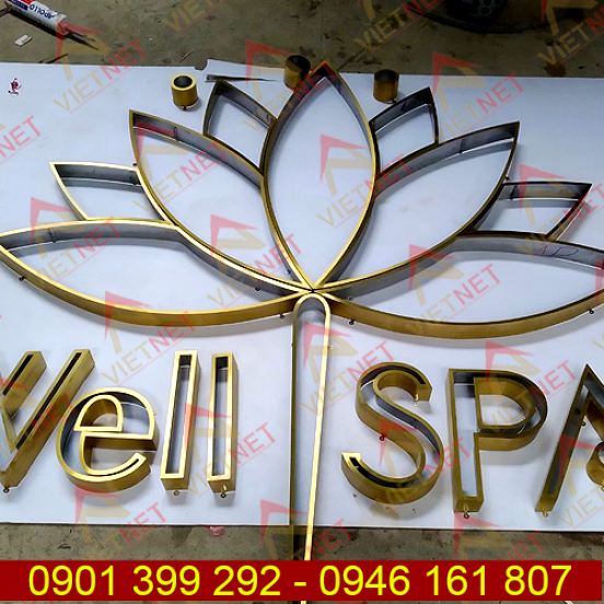 Chữ inox vàng xước và logo tiệm Spa Well