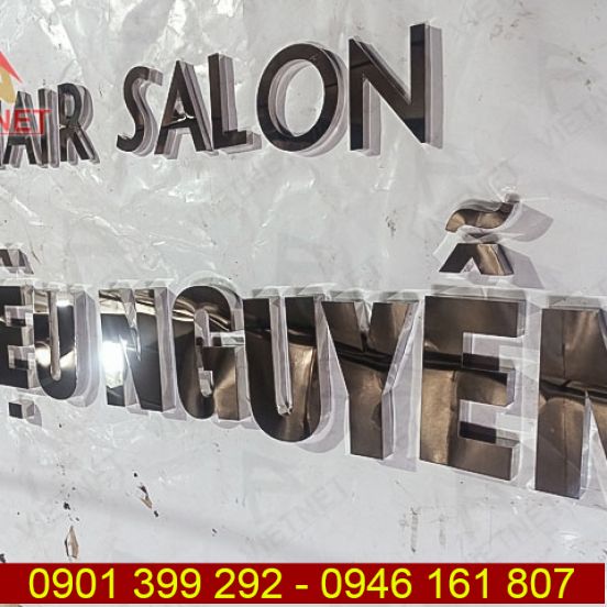 Kiểu chữ inox trắng gương Hair Salon
