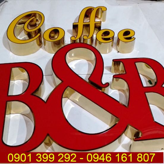 Gia công chữ inox lồng mặt mica tiệm B&B Coffee 